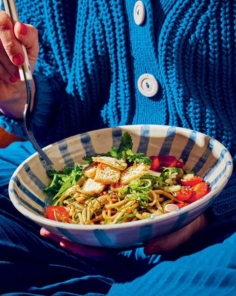Spicy Soy Noodle Salad with Warm Tofu Puﬀs image