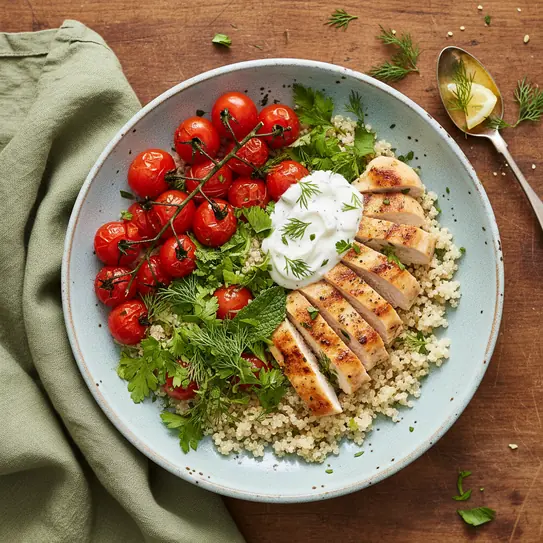 Greek-Style Chicken Quinoa Bowl with Lemon-Garlic Yoghurt Dressing image