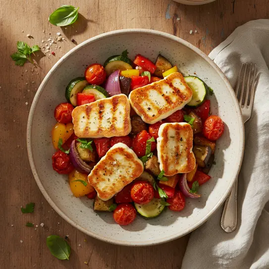 Grilled Halloumi and Roasted Vegetable Tray Bake image