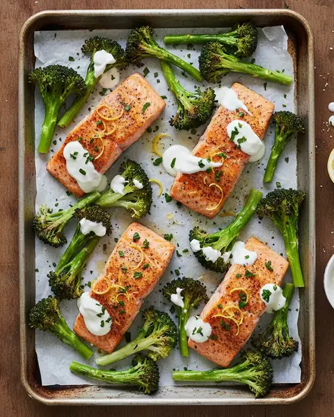 Sheet Pan Salmon with Broccoli and Garlic Lemon Yogurt Sauce image