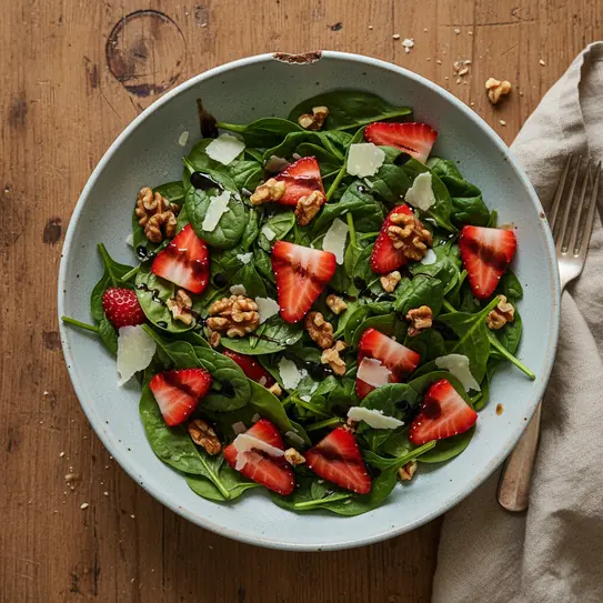 Spinach, Strawberry, and Walnut Salad with Balsamic Dressing image